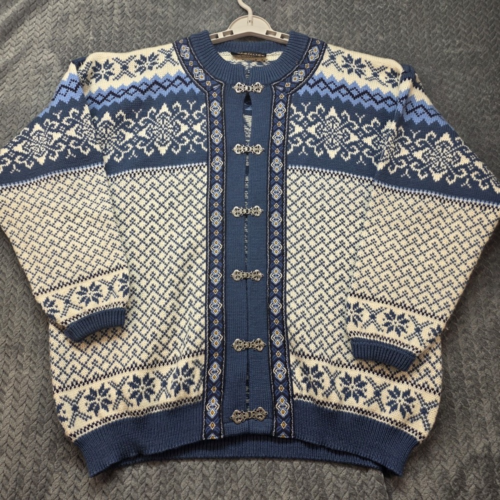 Vintage Nordstrikk Norway Wool Cardigan Men XL Blue Nordic Pewter Clasps